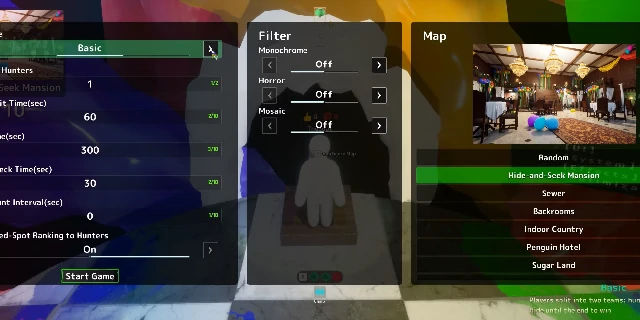 Players hiding in a colorful room