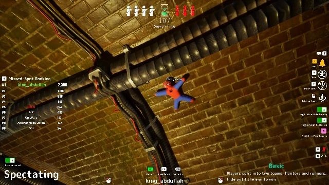 A gameplay-style visual showing a white hider partly painted into a colorful map while a hunter searches nearby